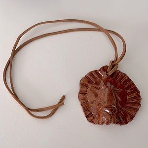 ✂️ Studio Art, clay, shiny glaze, Lion Pendant on 24” leather cord. Unique!